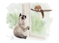 Preview: Postkarte DIN-A6 Aquarell Kunst Druck Kunstdruck Katze am Fenster
